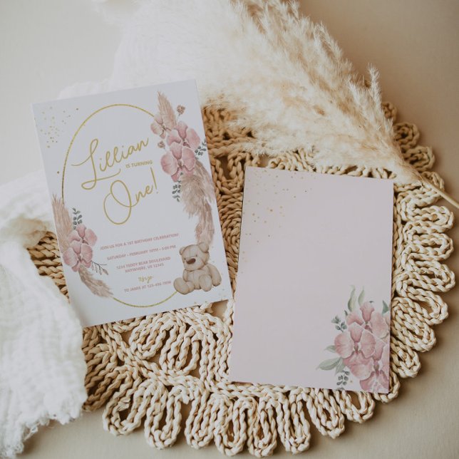 Convite Boho Teddy Bear Rosa e Dourado Aniversário (Criador carregado)
