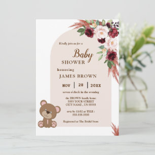 Convite Boho Teddy Bear Stylist Baby Shower Invitation 