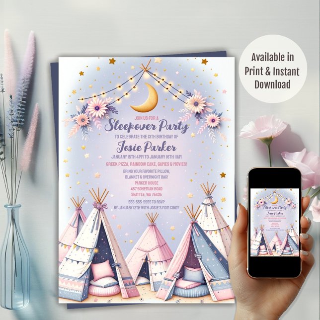 Convite Boho Teepee Girly Sleepover SlumbParty (Available in Print and Instant Download)