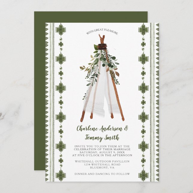 Convite Boho Teepee, Tribal Greenery (Frente/Verso)