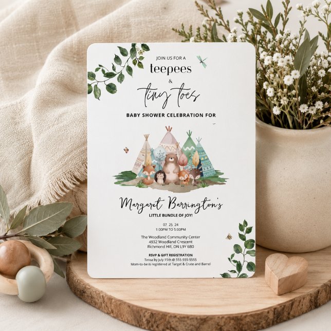 Convite Boho Teepees e Tiny Toes Chã de Bebê Florestal (Boho Woodland Baby Shower Invitation)