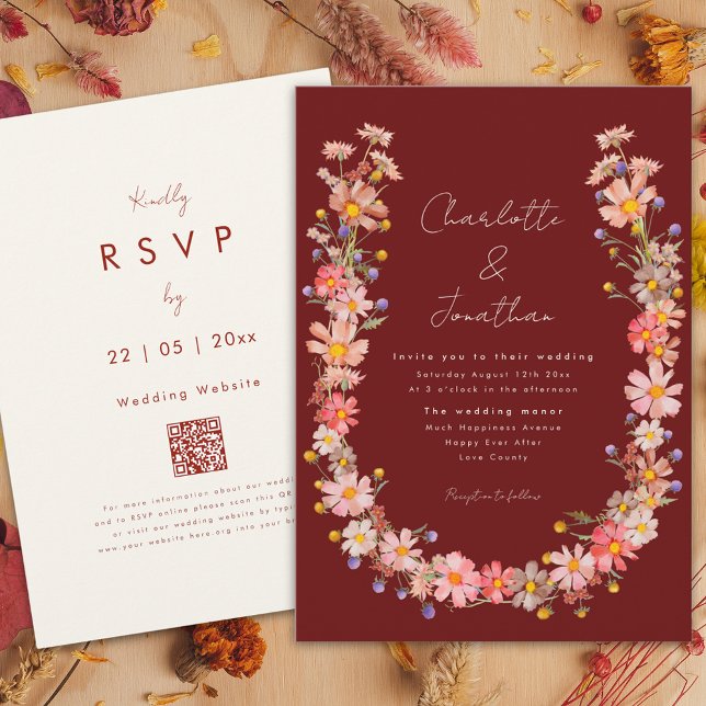 Convite Boho Terracota de Flores Silvestres Casamento de O (Wildflower Dried flower wreath terracotta fall wedding invitation )