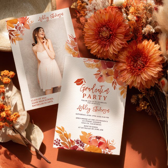 Convite Boho Terracota Floral Script de Formatura Foto (Boho Terracotta Floral Graduation Script Photo Invitation)