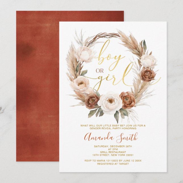 Convite Boho Terracota Flores Menino ou Revolução de Gêner (Frente/Verso)