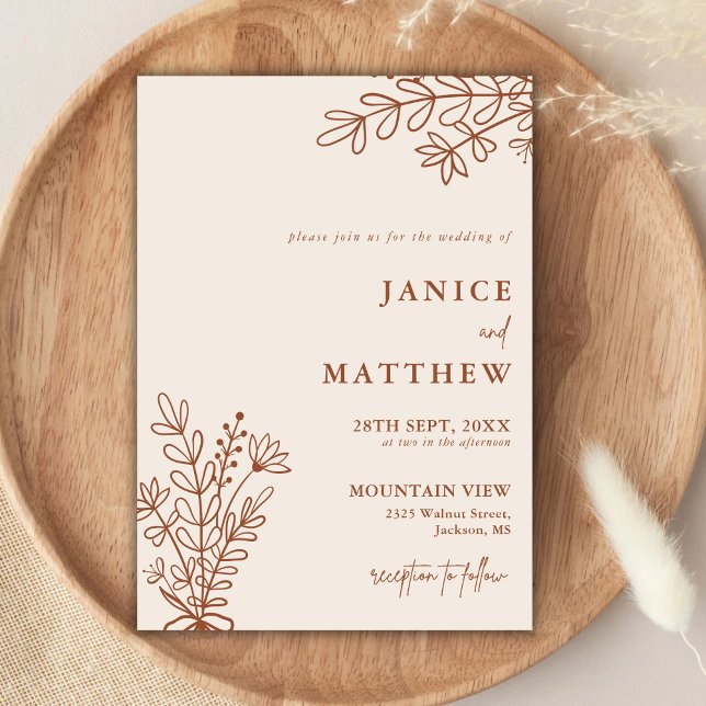 Convite Boho Terracota Laranja Queimado Casamento Rústico (Boho terracotta wedding invitation sets the tone for your day with warm rustic charm.)