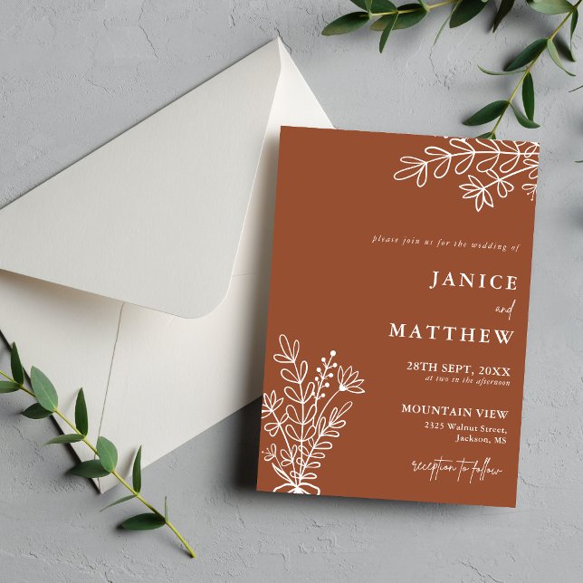 Convite Boho Terracota Laranja Queimado Casamento Rústico (Boho terracotta wedding invitation sets the tone for your day with warm rustic charm.)
