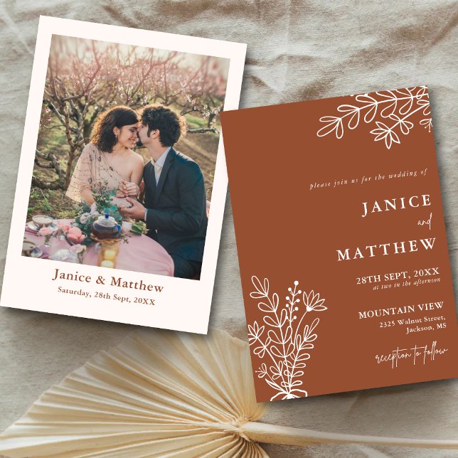 Convite Boho Terracota Laranja Queimado Rústico Casamento  (Boho terracotta photo wedding invitation showcases your love with warm rustic charm.)