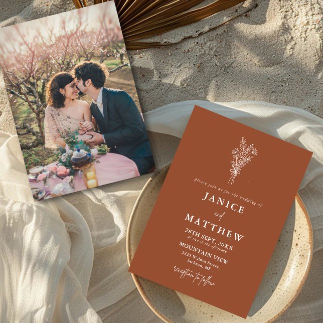 Convite Boho Terracota Laranja Queimado Rústico Casamento  (Boho terracotta photo wedding invitation showcases your story with warm rustic charm.)