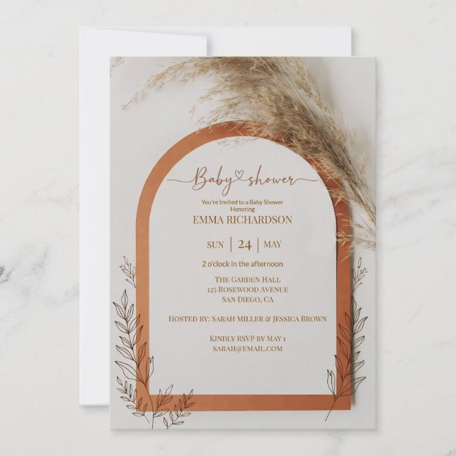 Convite Boho Terracotta Arch Pampas Grass Baby Shower (Frente)