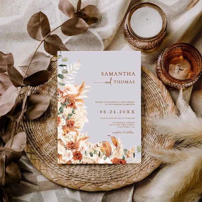 Convite Boho Terracotta Botanical Pampas Photo Wedding (Criador carregado)