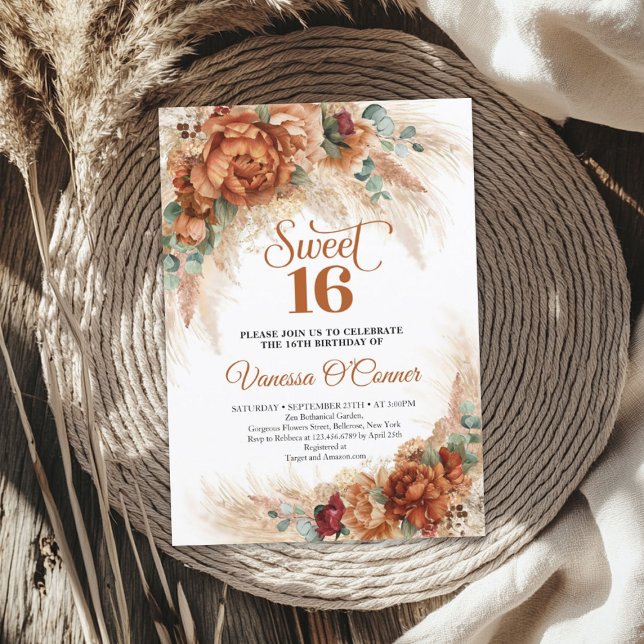 Convite Boho terracotta burgundy flores doces dezesseis (Boho terracotta burgundy flowers sweet sixteen invitation)