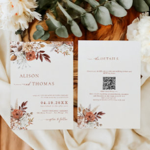 Convite Boho Terracotta Código QR 2 em 1 Casamento