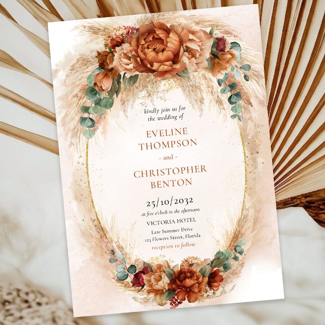 Convite Boho Terracotta e flores burgundy ervas-pampas (Trendy terracotta copper and burgundy flowers mixed eucalyptus greenery wedding invitation)