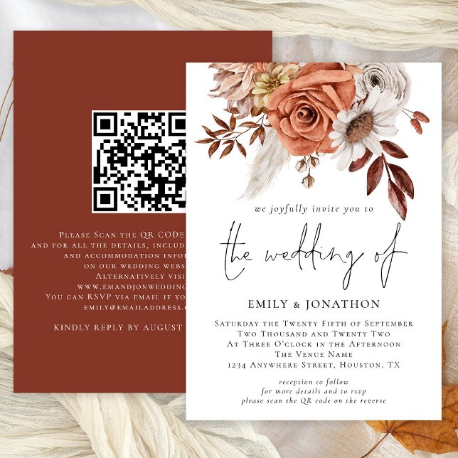 Convite Boho Terracotta Fall Floral Código QR Casamento (Available digitally and printed)