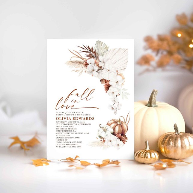 Convite Boho Terracotta Fall in Love Chá de panela (Fall in Love Gold Pumpkins and White Orchids Bridal Shower Invitations)