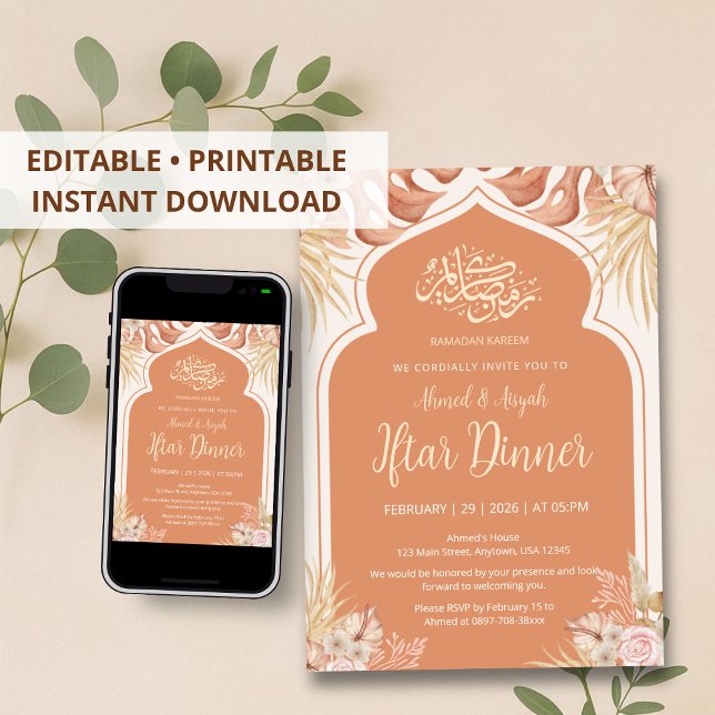 Convite Boho Terracotta Floral Islamic Arch Iftar Dinner (Criador carregado)