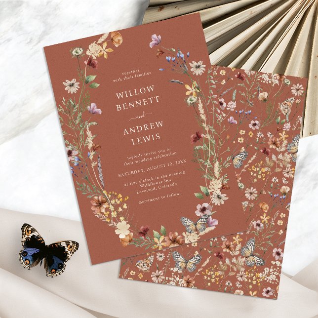 Convite Boho Terracotta Floral Wedding (Boho Terracotta Floral Wedding Invitation with Butterfly by Painted Paperie
)
