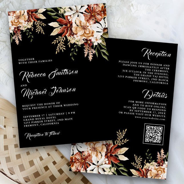 Convite Boho Terracotta Floral Wildflower Black Casamento (Criador carregado)