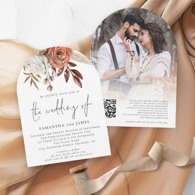 Convite Boho Terracotta Florals Foto Código QR Casamento (Front and back view)
