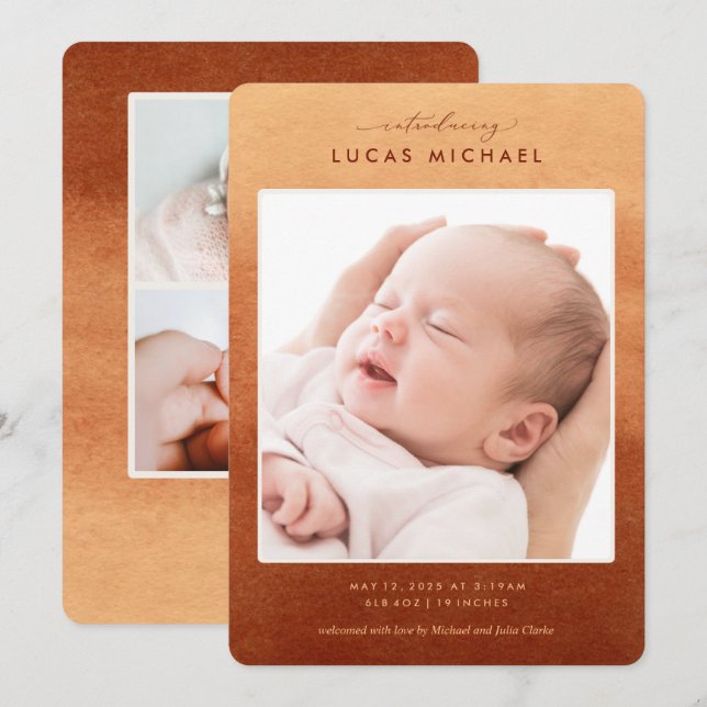 Convite Boho Terracotta Foto de Nascimento do Ombre (Frente/Verso)