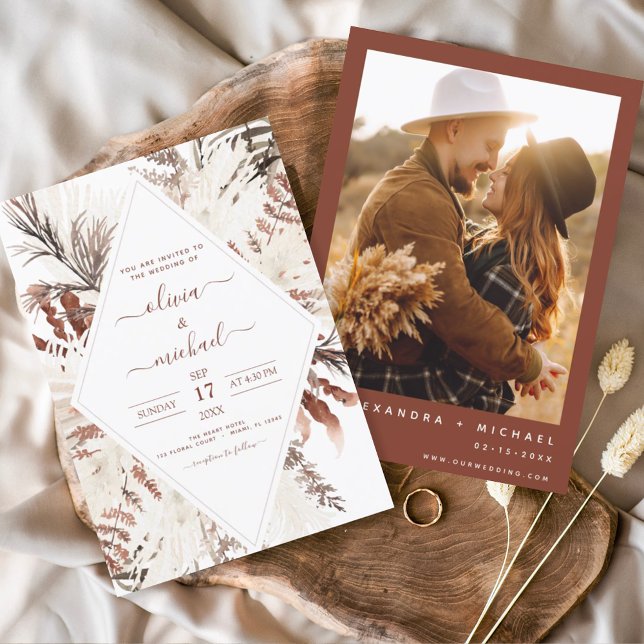 Convite Boho Terracotta Foto Pampas Grass Casamento (Criador carregado)