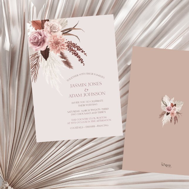 Convite Boho Terracotta Pampas Casamento Floral (Boho Dusty Pink Dried Flowers Pampas Grass Wedding Invitation)