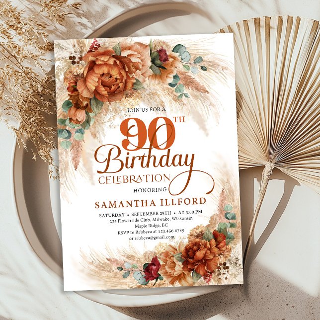 Convite Boho terracotta pampas grass 90th Birthday invite (Boho terracotta pampas grass 90th Birthday invite)