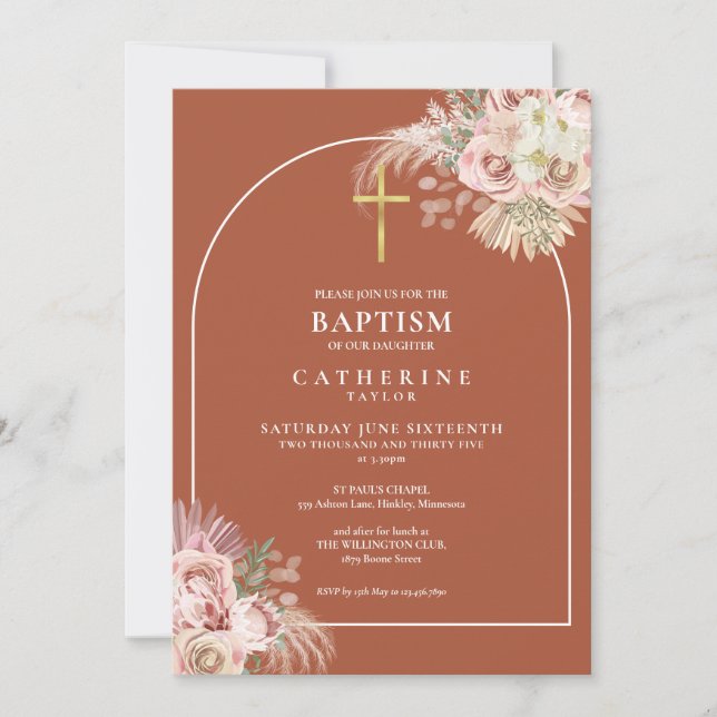 Convite Boho Terracotta Pampas Grass Baptism Christening (Frente)