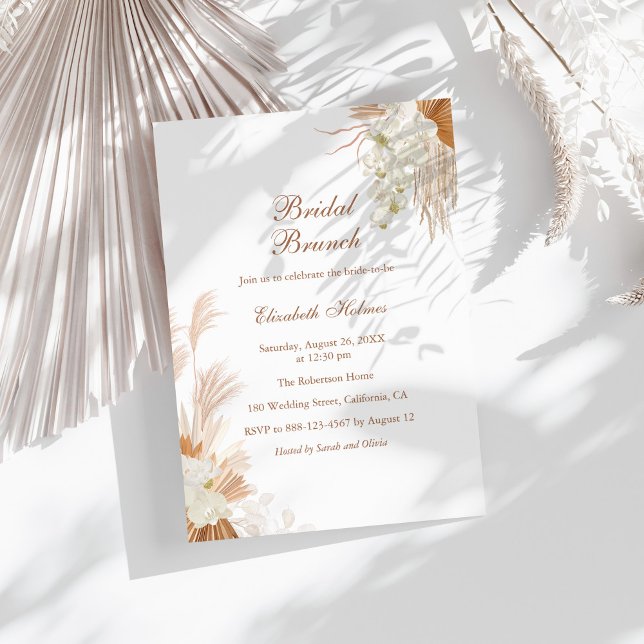 Convite Boho Terracotta Pampas - Orquídea Bridal Brunch (Boho Terracotta Pampas Grass Orchid Bridal Brunch Invitation on a sunny  boho white table.)