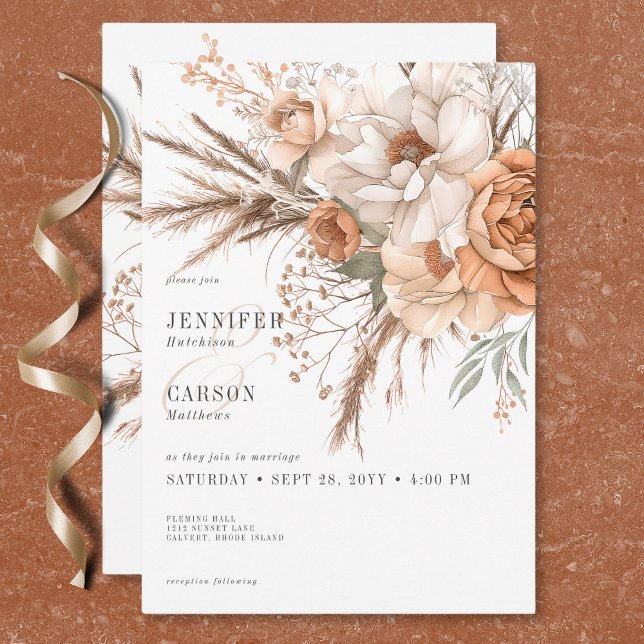 Convite Boho Terracotta Peach & Cream Casamento Branco Flo (Boho Terracotta Peach & Cream Floral White Wedding Invitation)