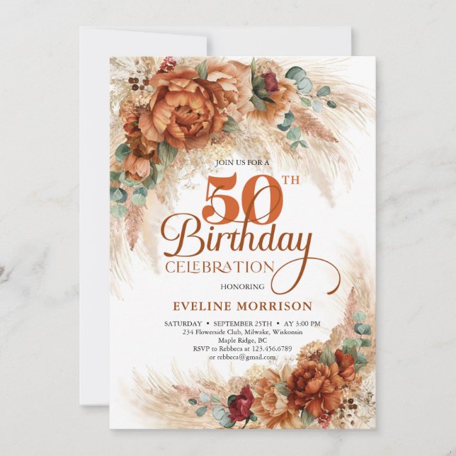 Convite Boho terracotta queimou pampas de laranja eucalipt (Frente)