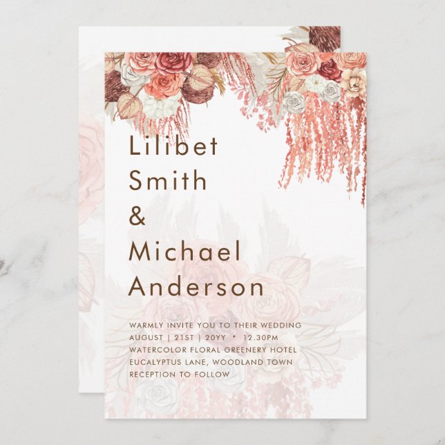 Convite Boho Terracotta Rosa Pampas Grass Casamento Floral (Frente/Verso)