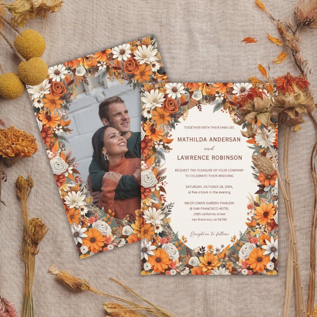 Convite Boho Terracotta Sage Casamento outono de Foto Flor (Boho Burnt Orange Terracota Sage Foliage Floral Photo Fall Wedding Invitation)