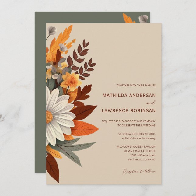 Convite Boho Terracotta Wildflower Casamento outono (Frente/Verso)