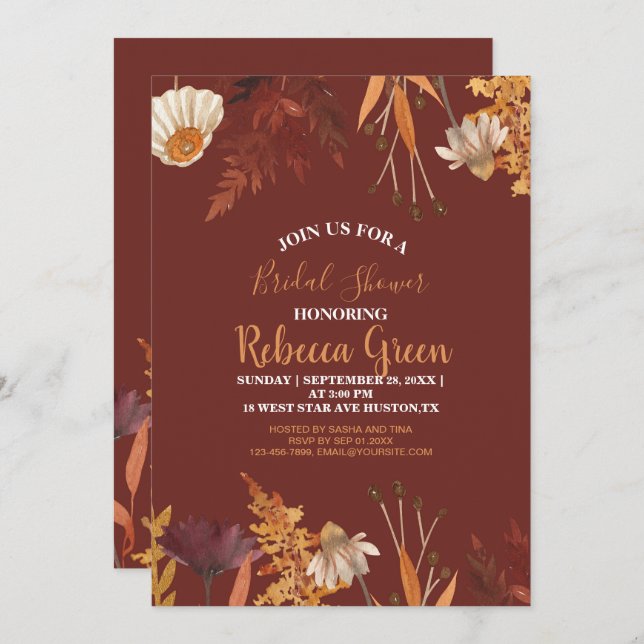 Convite Boho Terracotta Wildflower Chá de panela de outono (Frente/Verso)