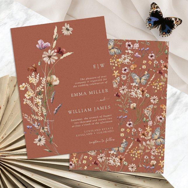 Convite Boho Terracotta Wildflower Wedding (Boho Terracotta Wildflower Wedding Invitation Monogrammed by Painted Paperie
)