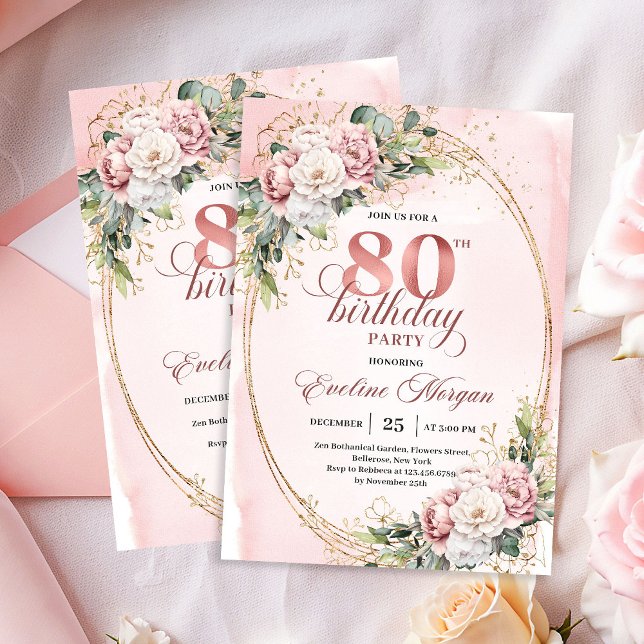 Convite Boho Timeless Dusty Pink Flowers Gold Glitter 80th (Timeless Dusty Pink Flowers Gold Glitter 80th Invite)