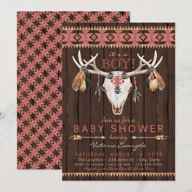 Convite Boho Tribal Skull Baby Shower (Frente/Verso)