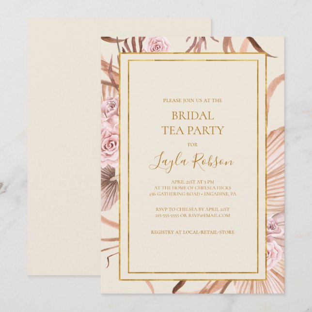 Convite Boho Tropical Botânica | Festa de Ivory Bridal Tea (Frente/Verso)