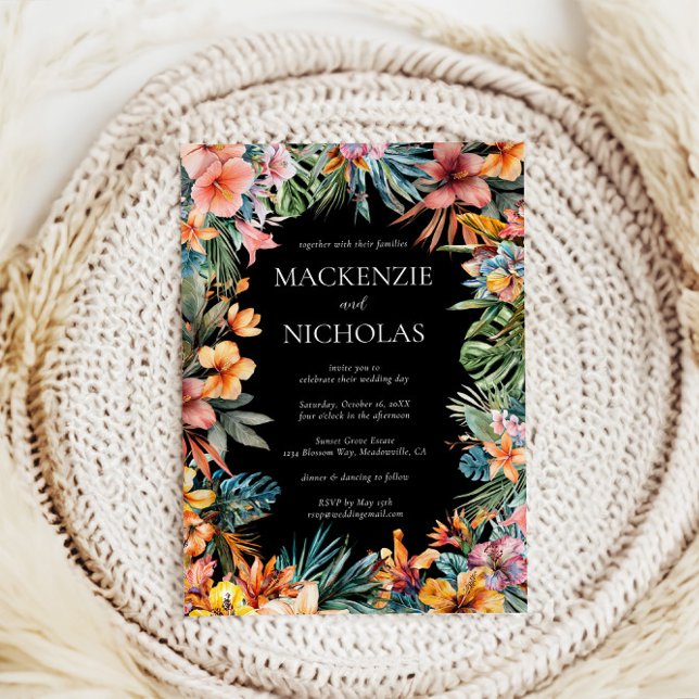Convite Boho Tropical Floral Black Casation (tropical wedding invitation black
)
