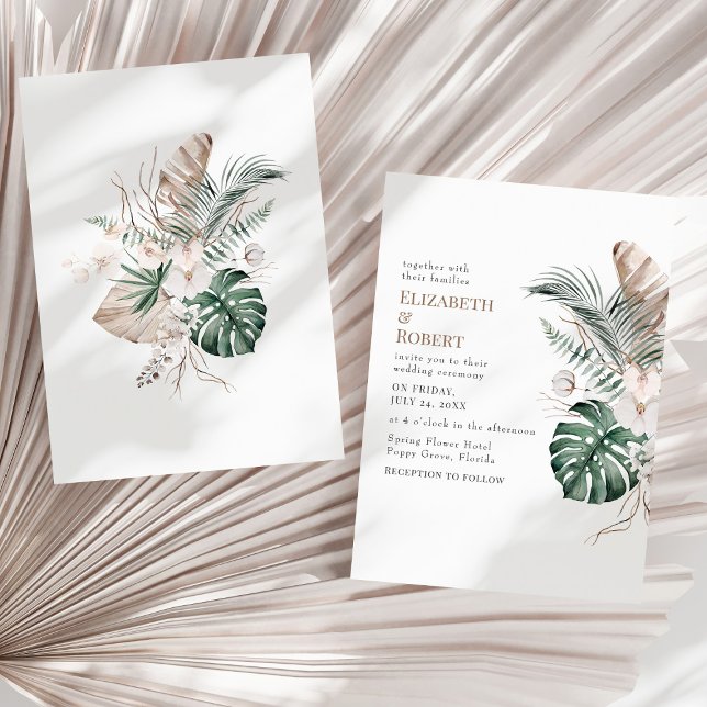 Convite Boho Tropical Orchid e Casamento Monstera (Boho Tropical Orchid and Monstera Wedding Invitation on a sunny neutral dry palm leaf.)