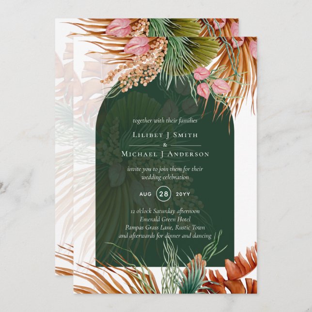 Convite BoHO Tropical Pampas Grass Casamento (Frente/Verso)