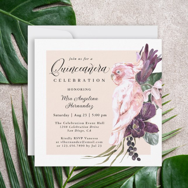 Convite Boho Tropical Pink Parrot Floral Quinceanera (Criador carregado)