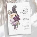 Convite Boho Tropical Purple Parrot aniversário de 30 anos<br><div class="desc">Um convite de festas floral de cor aquática tropical boho único, com uma paleta de cor sumptuosa, roxa, ameixa, bege (esbranquiçado) e verde. Um belo papagaio roxo senta num buquê luxuoso de flores tropicais exóticas. O esquema de cores é perfeito para eventos de aniversário em todas as estações e tem...</div>
