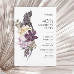 Convite Boho Tropical Purple Parrot aniversário de 40 anos<br><div class="desc">Um convite de festas floral de cor aquática tropical boho único, com uma paleta de cor sumptuosa, roxa, ameixa, bege (esbranquiçado) e verde. Um belo papagaio roxo senta num buquê luxuoso de flores tropicais exóticas. O esquema de cores é perfeito para eventos de aniversário em todas as estações e tem...</div>