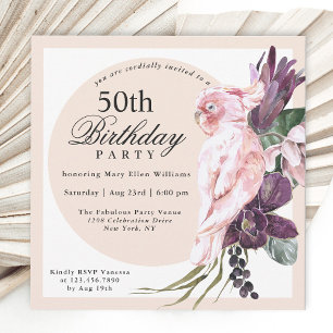 Convite Boho Tropical Rosa Papagaio Floral 50º Aniversário