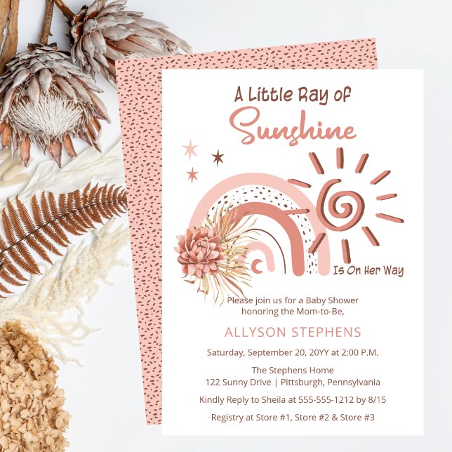 Convite Boho Um Pequeno Raios de Chá de fraldas de Raparig (Boho Pink A Little Ray of Sunshine Girl Baby Shower Invitation)