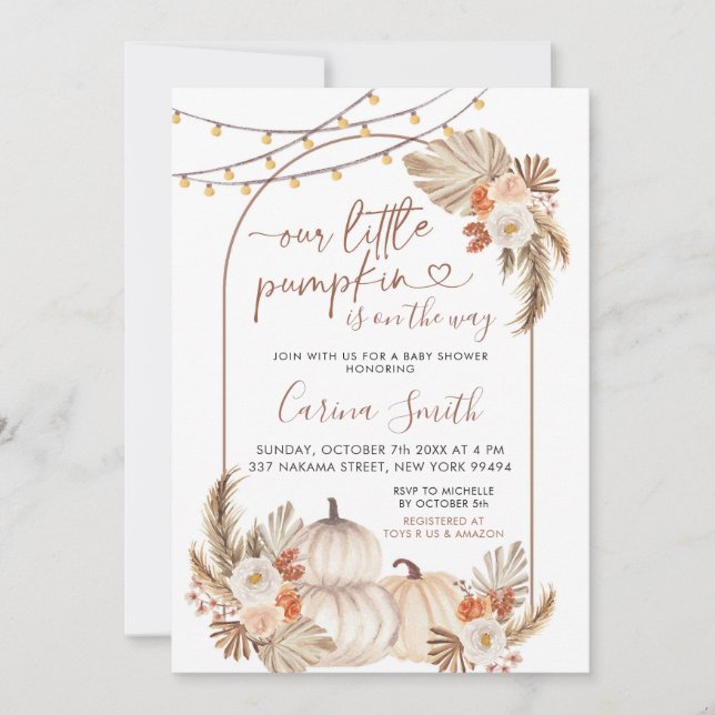 Convite Boho, Uma Pequena Abóbora Está A Caminho Do Chá de (Frente)