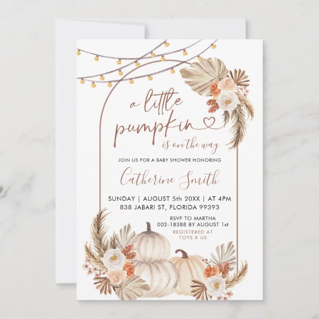 Convite Boho, Uma Pequena Abóbora Está A Caminho Do Chá de (Frente)