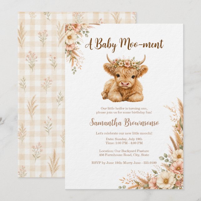 Convite Boho Vaca das Terras Altas Xadrez Floral Aniversár (Frente/Verso)